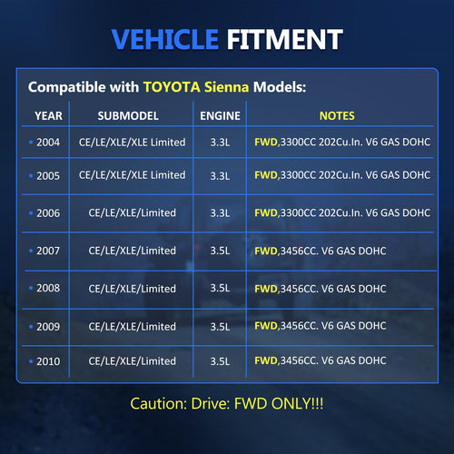 CV Eje delantero de repuesto para Toyota Sienna CE LE XLE Limited 3.5L 3.3L FWD 2004 2005 2006 2007 2008 2009 2010, par de montaje de eje de junta CV del lado del conductor derecho izquierdo del